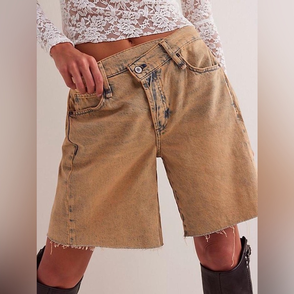 Free People We the Free Boomerang Long Shorts |Women's Tan Denim Shorts